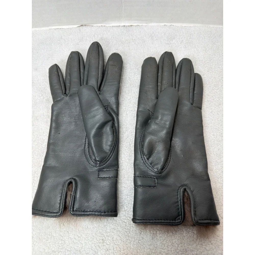 Vintage‎ Gloves Women 7.5-8.5 Gray Vinyl Fur Cuff Fleece Lined Bow Detail Size B